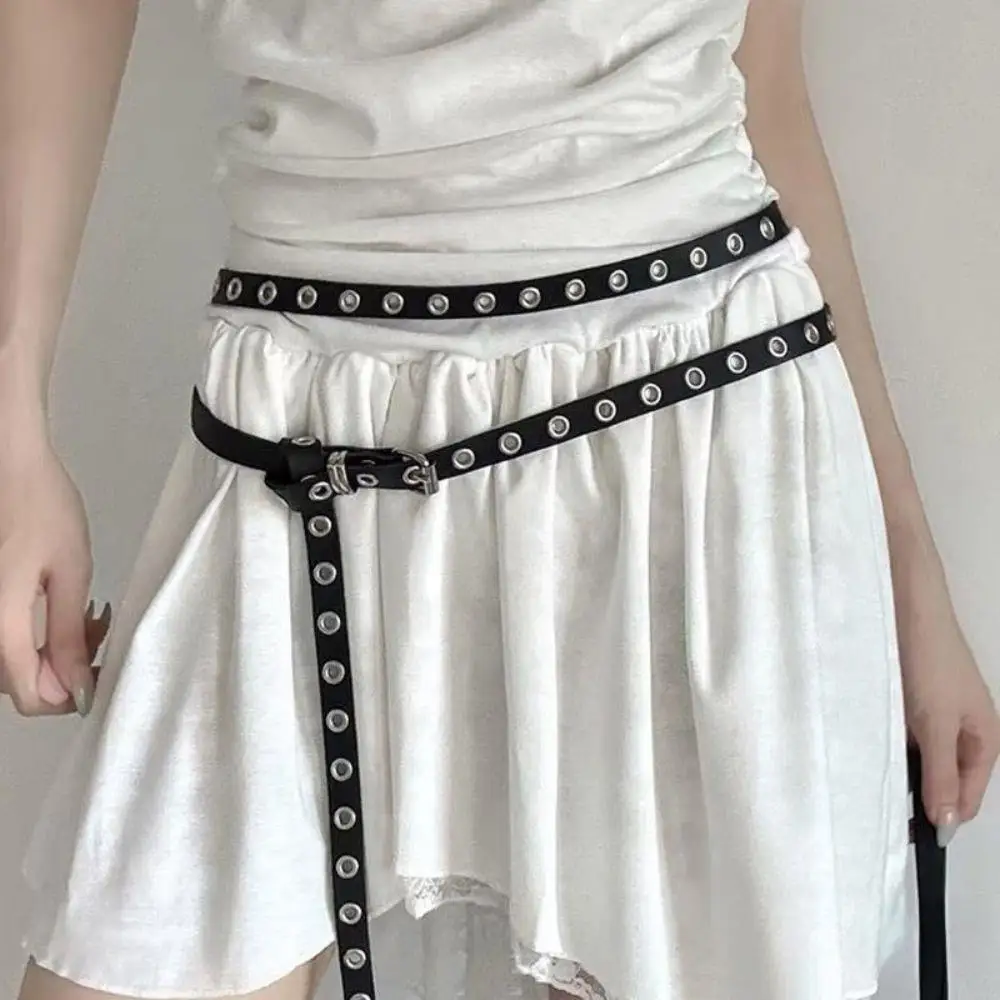 Punk Double Layer Thin Long Belt Rivet Eyelet Waist Chain DIY Wear Personality Buckle Belts Adjustable Spice Girl Accessory Belt