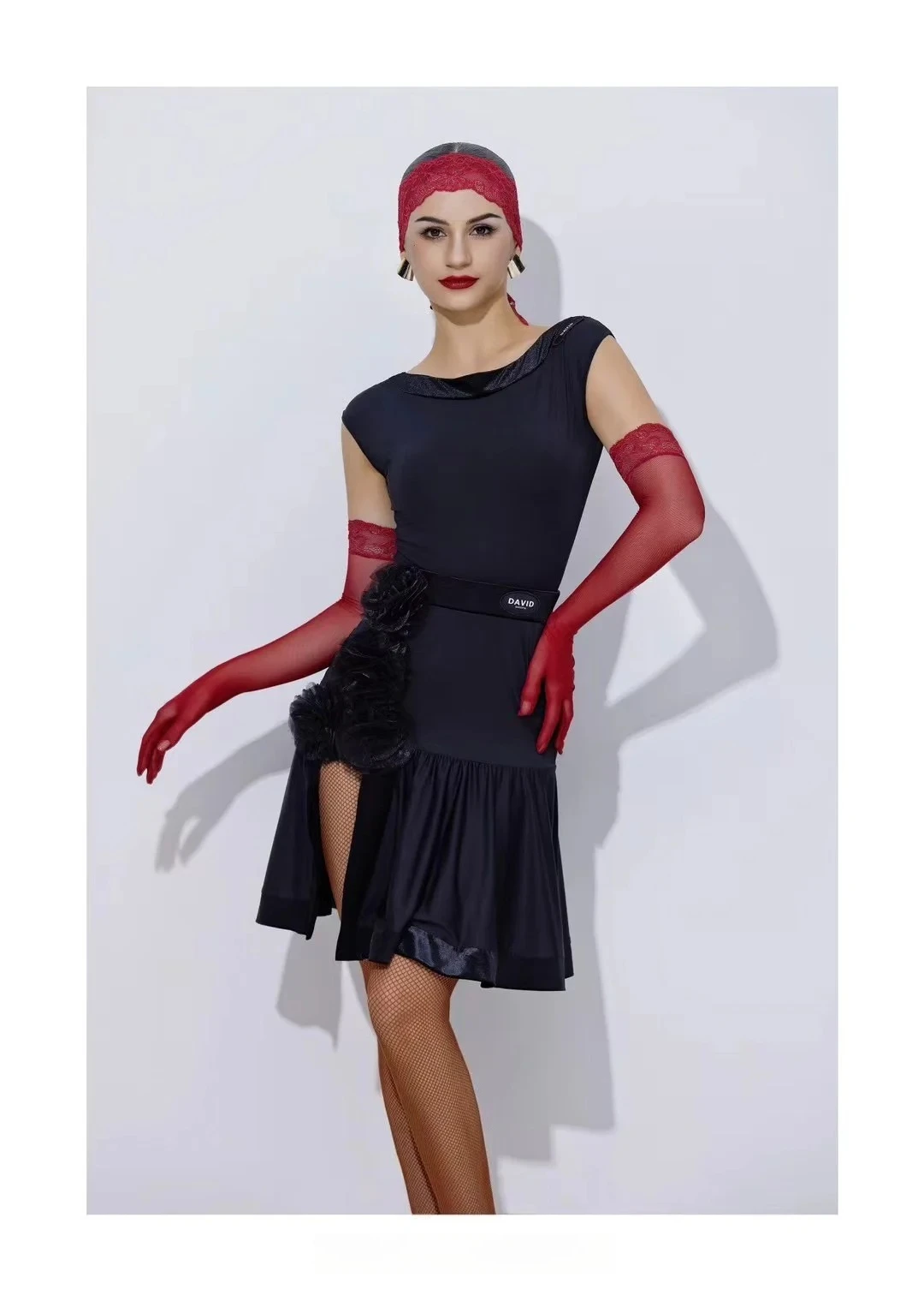 UK Latin danskostuum dames professionele Latin tweedelige set met mesh panelen en hoge splitrok Ballroomdanskostuums