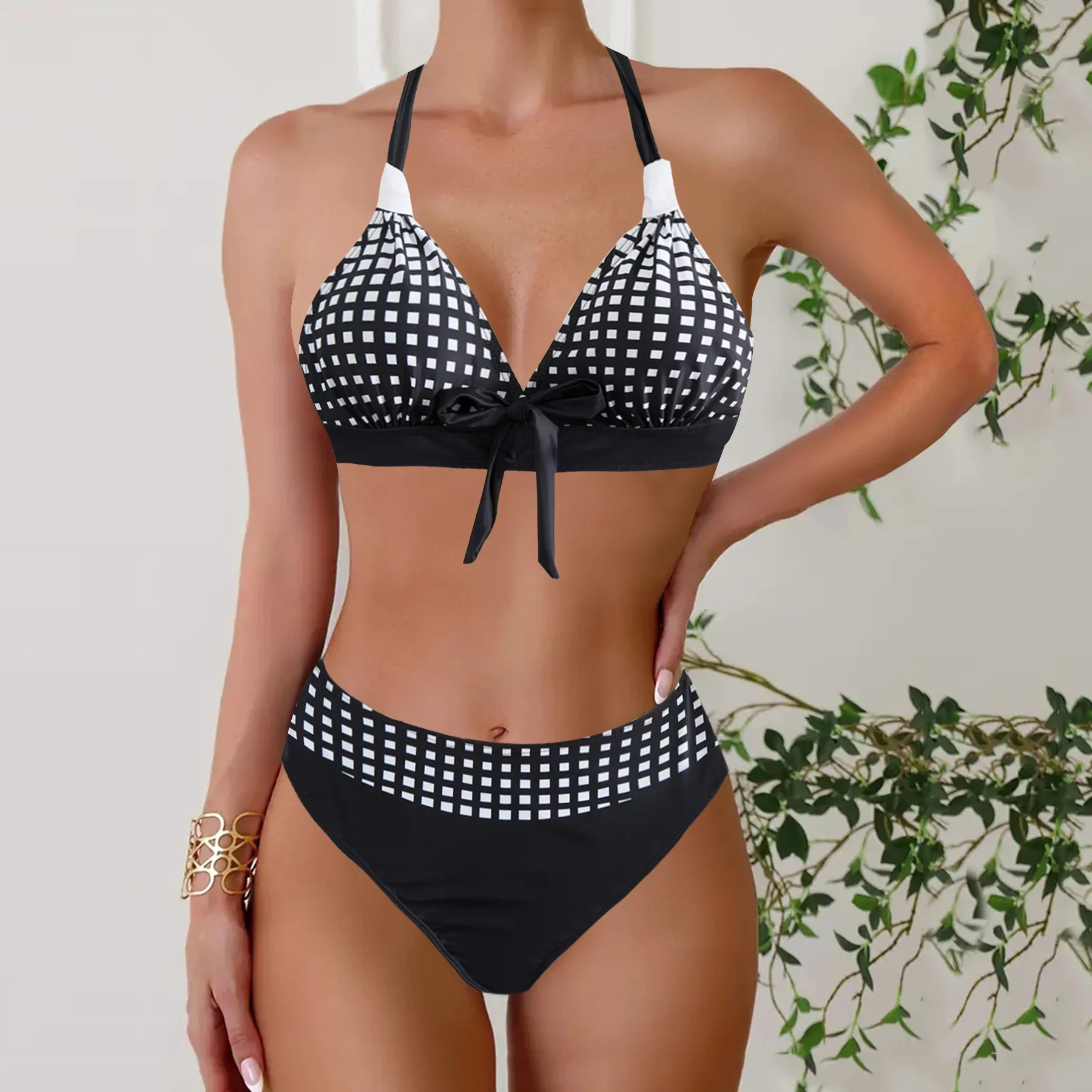 Floral Print Patchwork Black 2 Piece Set Tankini, Round Neck High Waist Stretchy Swimsuits, Women's Summer Bikini Beachwear
