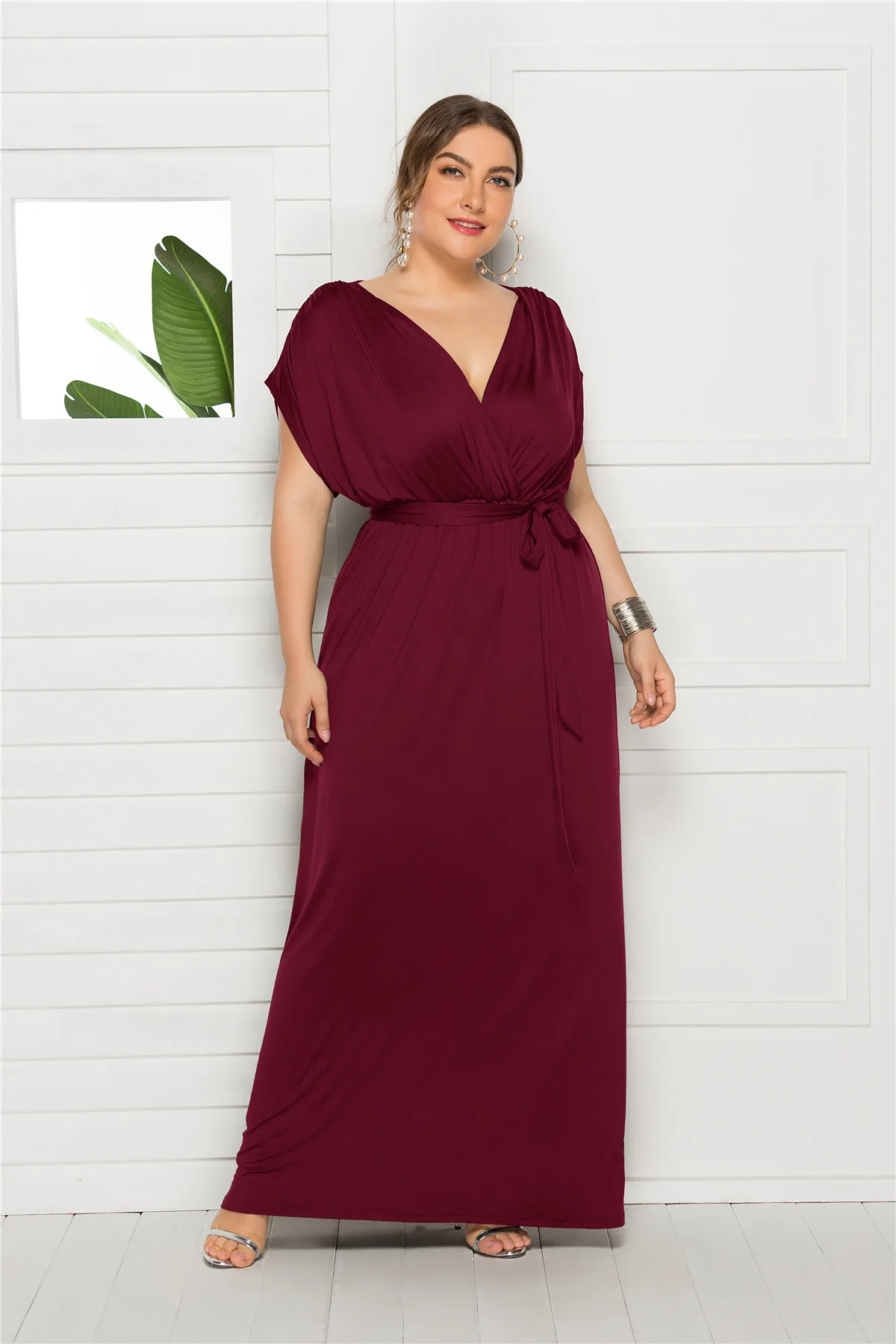 Vestido de talla grande 2022 con cuello en V, manga corta, patrón de Color sólido y tobillo Delgado, falda de cintura alta, elegante para fiesta de