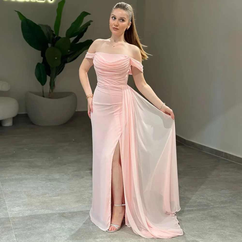 

Vanessa Pink Chiffon Evening Dresses Saudi Women Off the Shoulder Pleats Side Slit Wedding Party Gowns Customized Prom Dresses