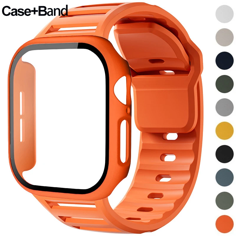 Sport-Silikonarmband + Glas + PC-Gehäuse für Apple Watch Serie 11 46 mm für Iwatch Serie 9/8/7 45 mm 6/5/4/SE 44 mm 3/2/1 42 mm
