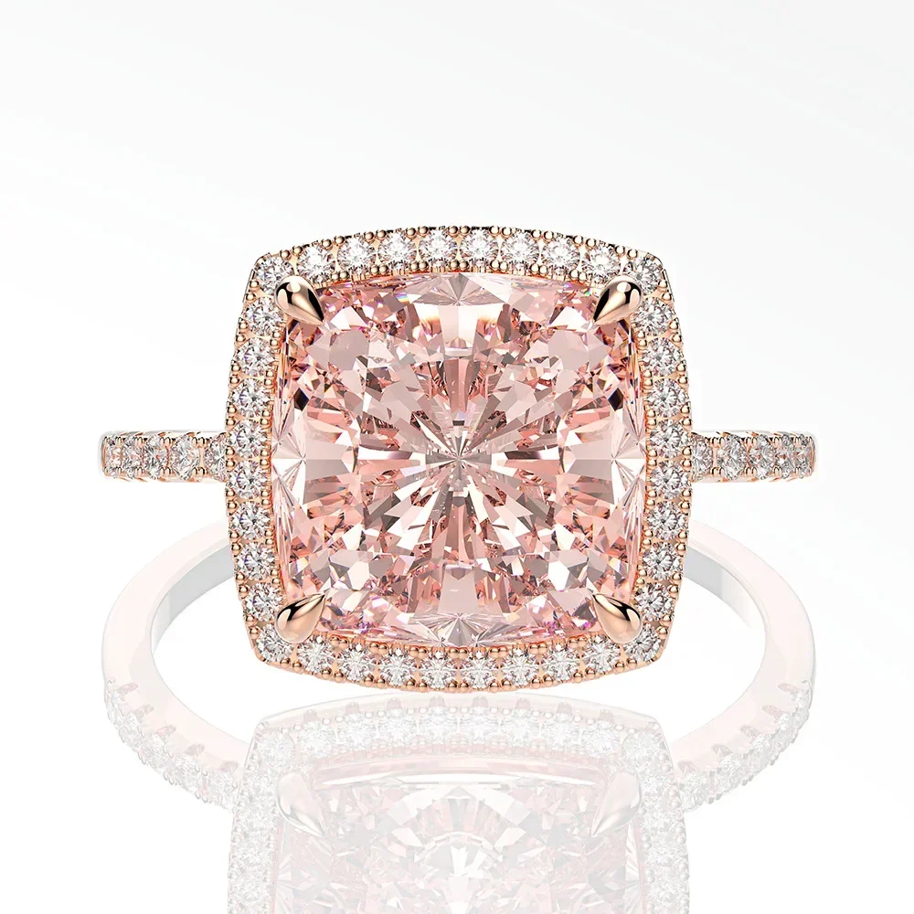 Elegant 5 Carat Morganite Cushion Cut 10x10mm Ring 925 Sterling Silver High Carbon Moissanite Engagement Wedding Jewelry Gift fo