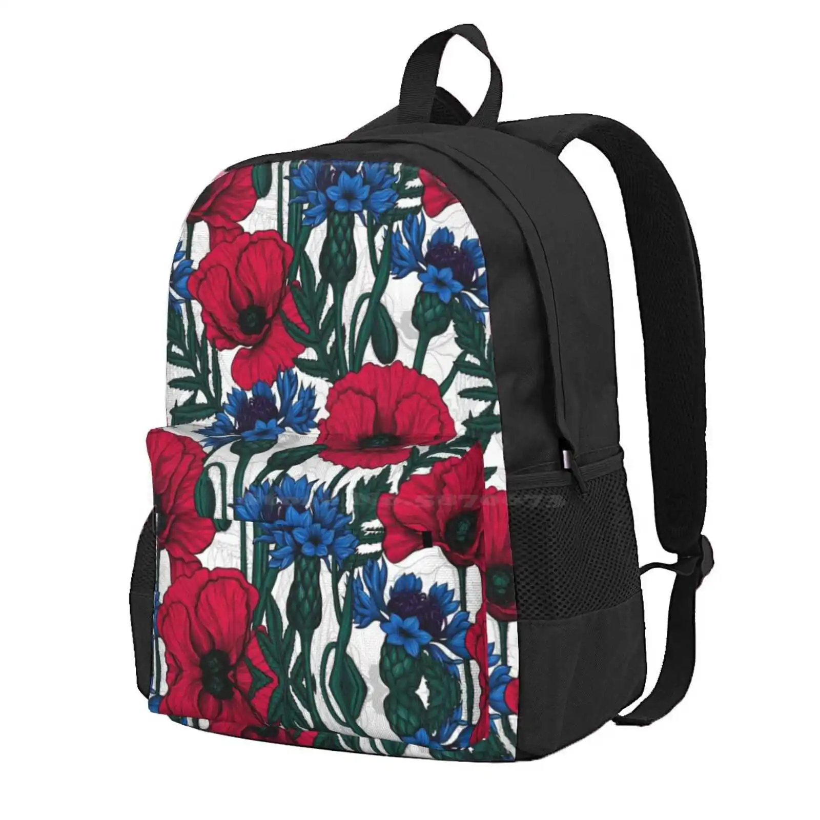 Red Poppies And Blue Cornflowers On White Hot Sale Schoolbag Backpack Fashion Bags Poppy Cornflower Leaves Floral Botanical