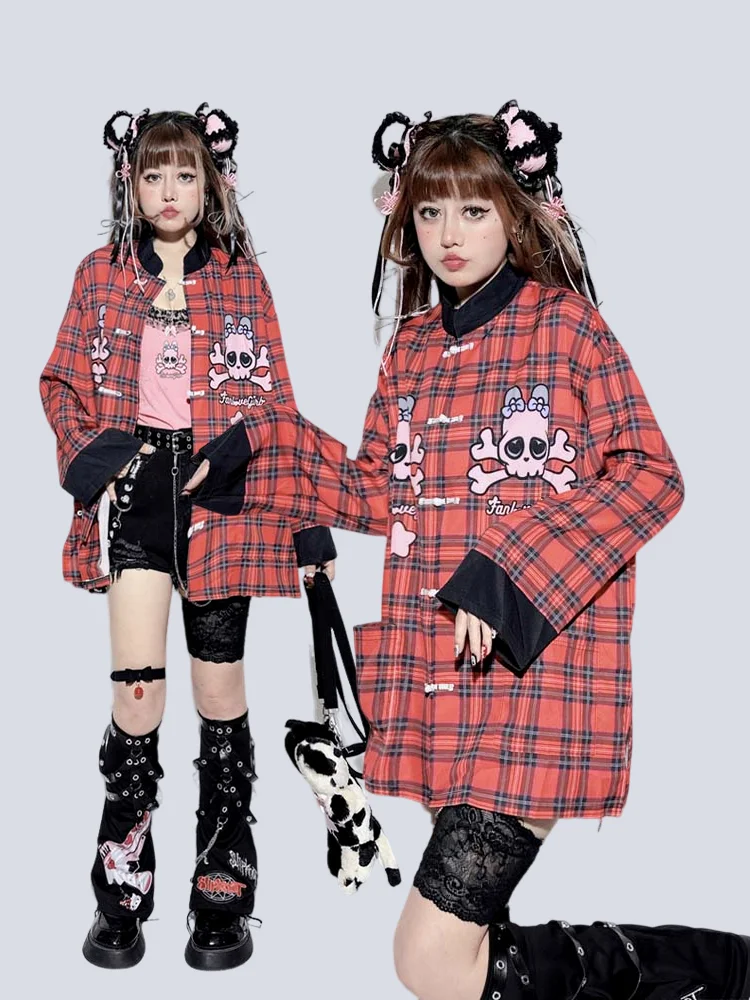 

New Chinese Sle Loose Women's irt Red And Bla Splicing Button up Long Sve Printed Stand Collar Warm Casual Top