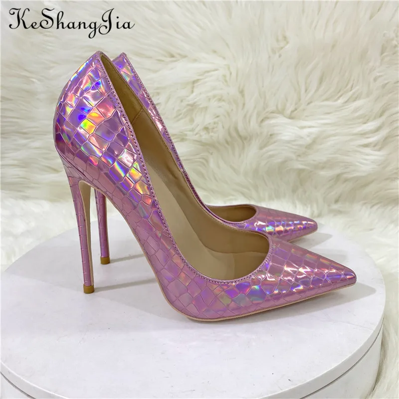 Keshangjia Womens Colorful Metallic Shiny Pumps Fish Scales Pattern Banquet Ladies Shoes Sexy Rose Red Stone Veins High Heels