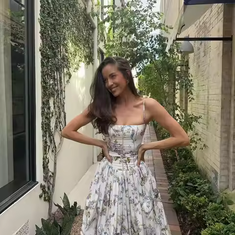 New Women's Dress Elegant Evening Dress Party Dress Floral Print Pleated Dress Flower Print High-waisted Suspender Pleated Skirt