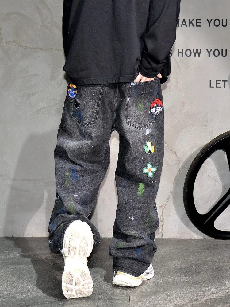 Men High Street Vintage Mid Waist Jeans Handsome Letters Embroidered Denim Trousers Loose Straight-leg Full Length Pant Hot Sale