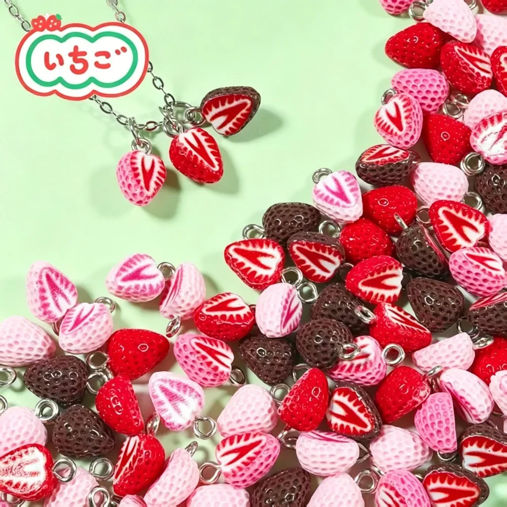 10Pcs Sweet Mini Strawberry Resin Pendants, Chocolate Coated Fruit Charms for DIY Earrings Bracelet Jewelry Findings