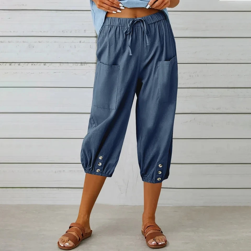 

Women Capris Pants Summer New Elastic High Waisted Loose Harem Pants With Pockets Female Solid Casual Cropped Trousers штаны