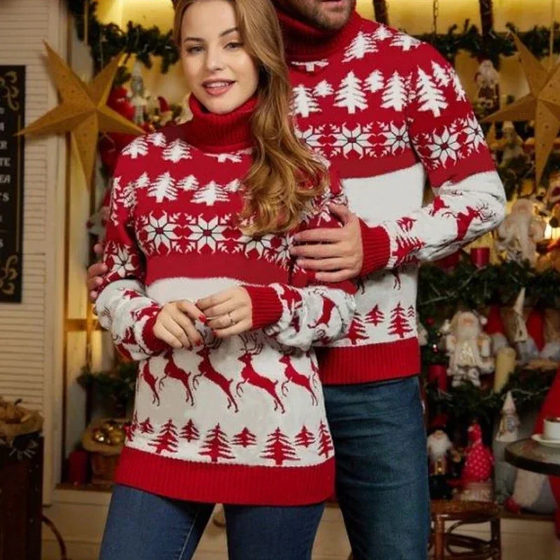 2024 New Christmas Matching Sweaters Women Men Soft Knitting Pullover Top Turtleneck Knitwear Thick Jacquard Jumpers Pull Femme