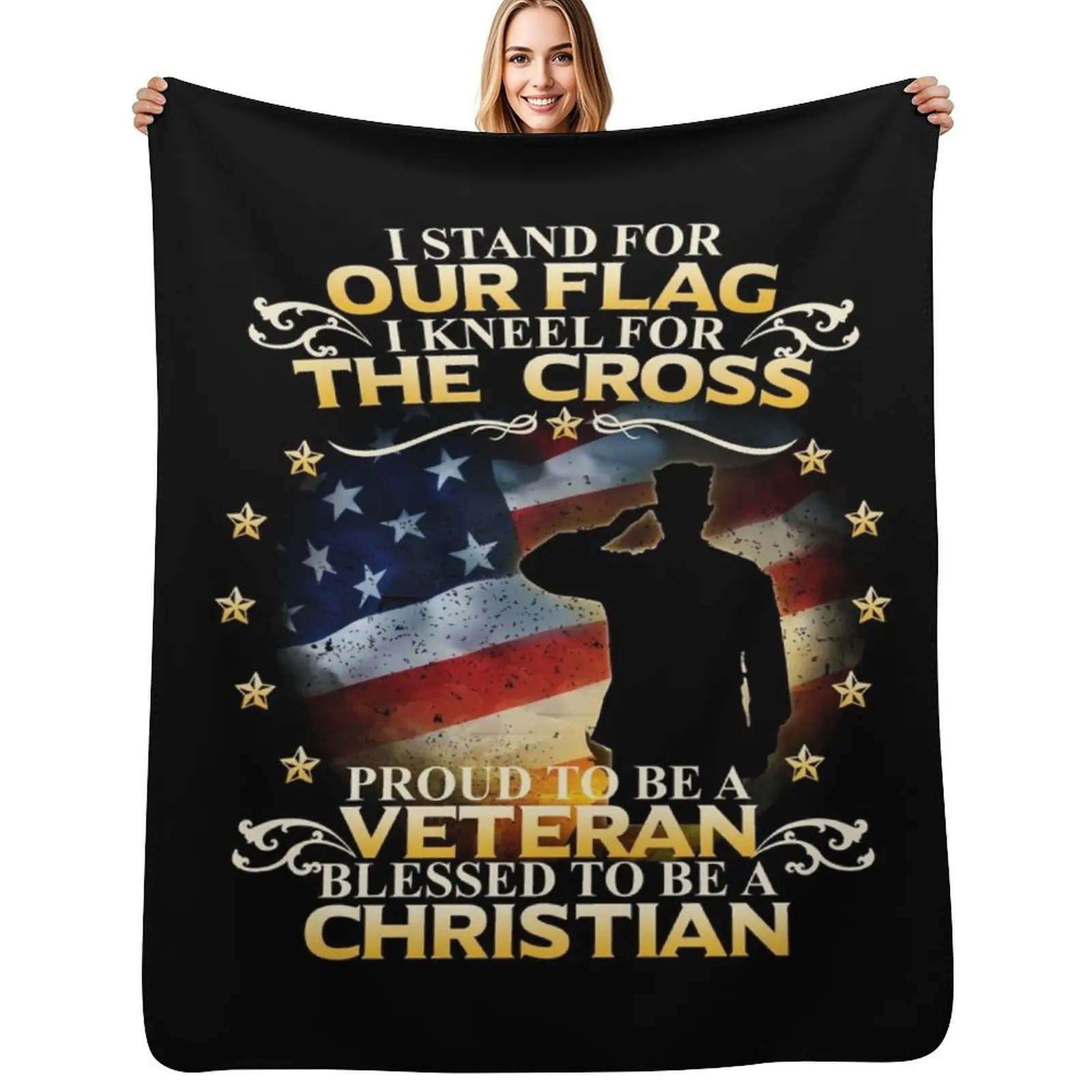 

I Stand For Our Flag I Kneel For The Cross Christian Veteran Throw Blanket Cute Plaid Soft Big Beautifuls Blankets