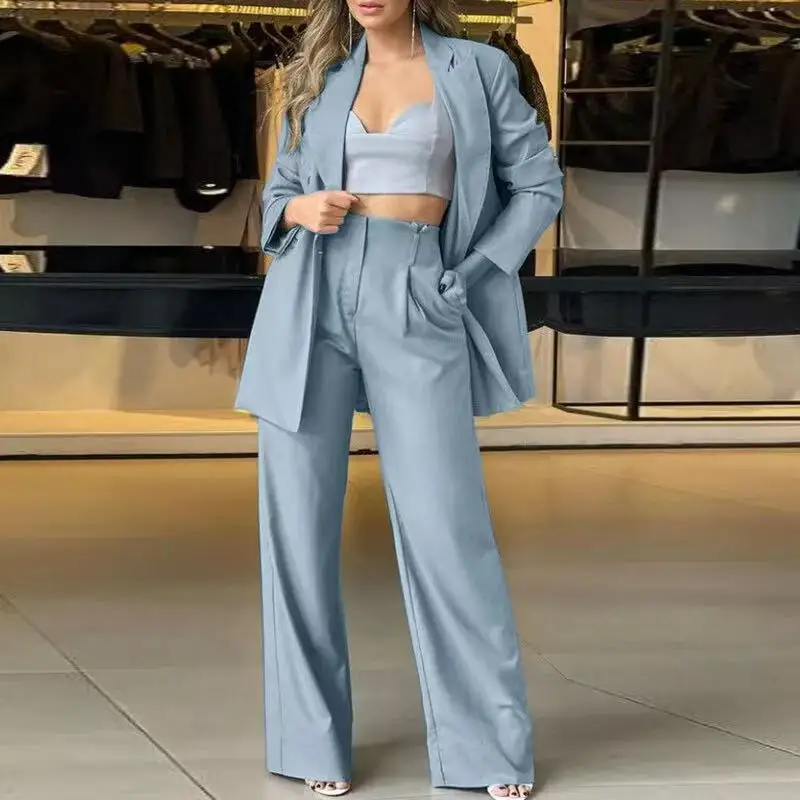 Two Pieces Pant Suits Solid Casual Women Blazers Notched Neck Long Sleeve Single Button Top Elastic Waist Wide Leg Pants  Autumn