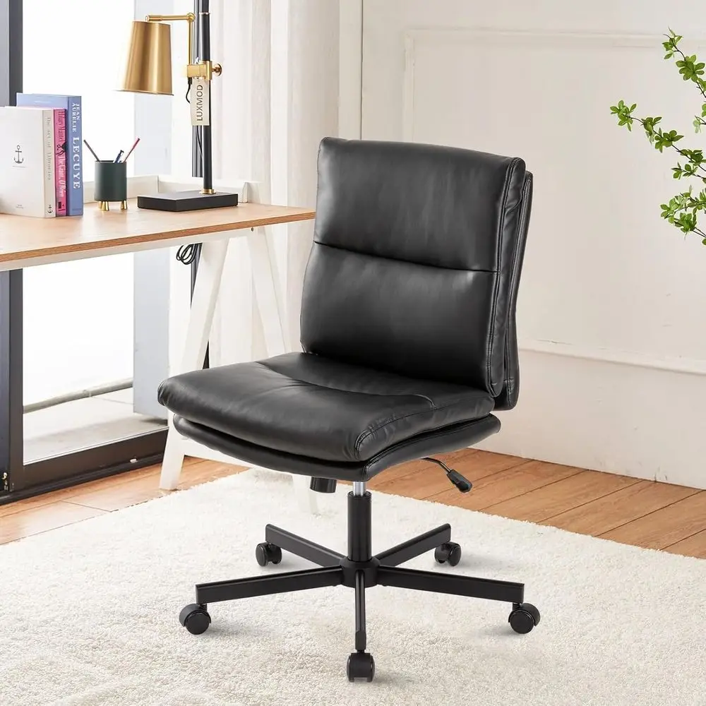 

Padded Swivel Desk Chair with Wheels, Adjustable Height, PU-Leather Seat for Home Office and Bedroom (Black)
