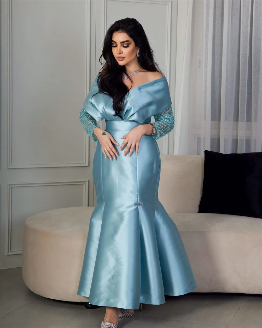 

Santorini فساتين السهرة شارون Long Sleeves Evening Dresses Zipper Back Mermaid Prom Dress Saudi Arabia Women Trumpet Party Gown