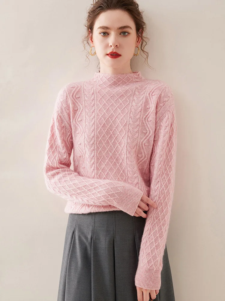 Aliselect  Fashion Thick Autumn Winter 100% Cashmere Sweater Women Pullover Mock Neck Sweater Warm Knitted Twisted Tops Clothing