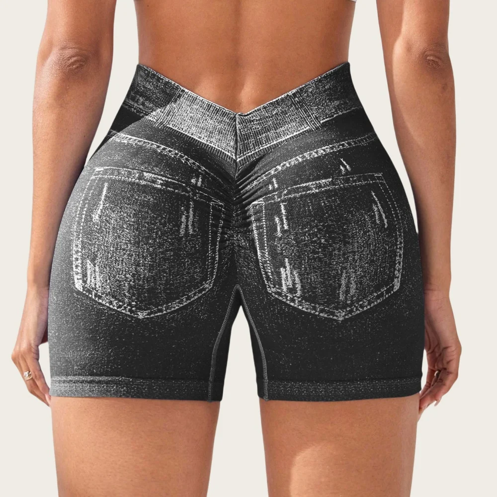Women V back Shorts Faux Jeans Elastic Workout Sports Yoga Pants Butt Lifting Leggins Fitness Athletic Short Tights Seamless