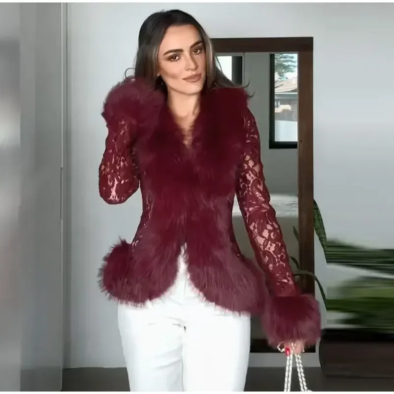 V-Ausschnitt Kurze Kunstpelzjacke für Damen in Schwarz, mit Lochmuster, Spitze, langen Ärmeln, schmal geschnitten, für Herbst und Winter, modische Damenjacke 2026 – Detail 8