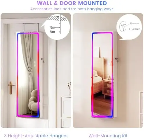 47.2" RGB Lockable Mirror Jewelry Cabinet,Wall Door Hanging Organizer,White | Jewelry Organizer with Lock, Large view 5