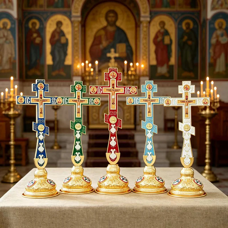 Gold Plated Orthodox Standing Cross with Multi-Color Enamel & Icon Panels for Priest Liturgy Church Altar Religious Service Deco