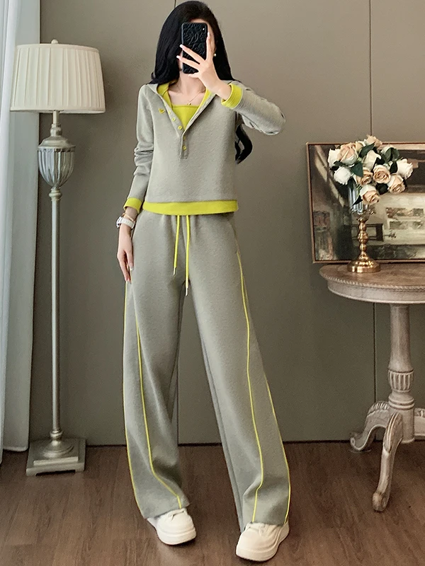 

Fashionable Sportswear Set Women's Wide Leg Pants Hoodie Two Piece Suit Autumn Collection Age Defying Casual Outfit Ensemble