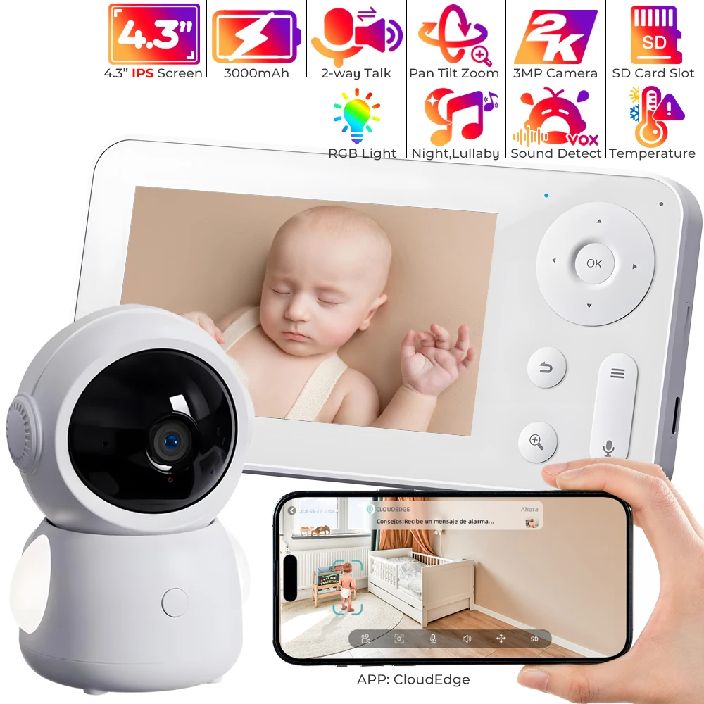 2K 3MP WiFi Baby Monitor Via Screen and App Control PTZ Baby Camera Auto Tracking Baby Phone Video Record & Playback RTB Light