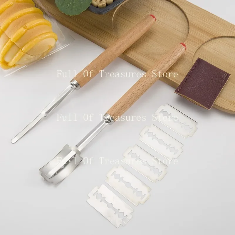 stainless steel bread scraper baking dough dividing knife bread grooming knife wooden handle baguette cutting knife set