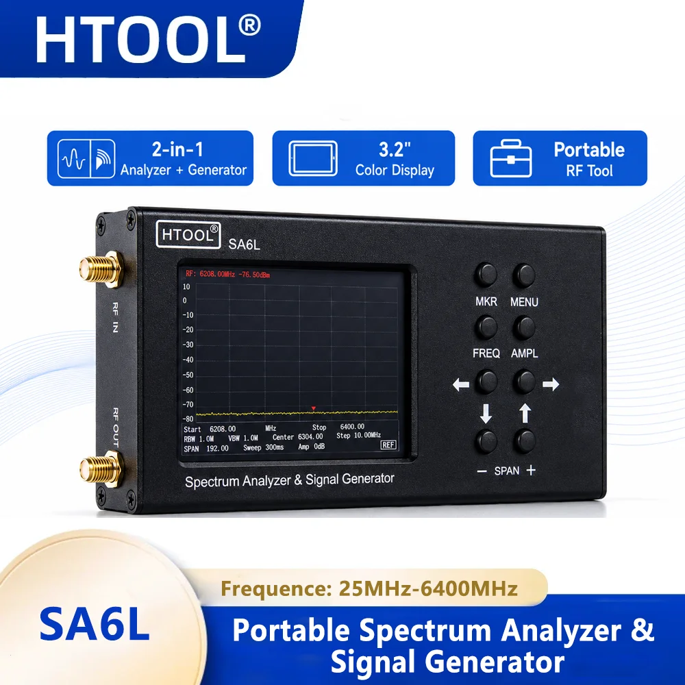 HTOOL SA6L 25MHz-6.4GHz Portable Spectrum Analyzer & Signal Generator 2-in-1 Handheld RF Tester with 3.2