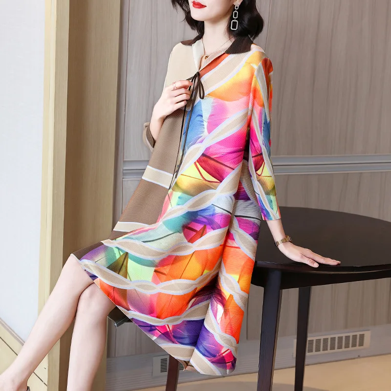 

Printed Pleated Dress Spring Dress 2022 New Femininity Aging Large Women's Dress