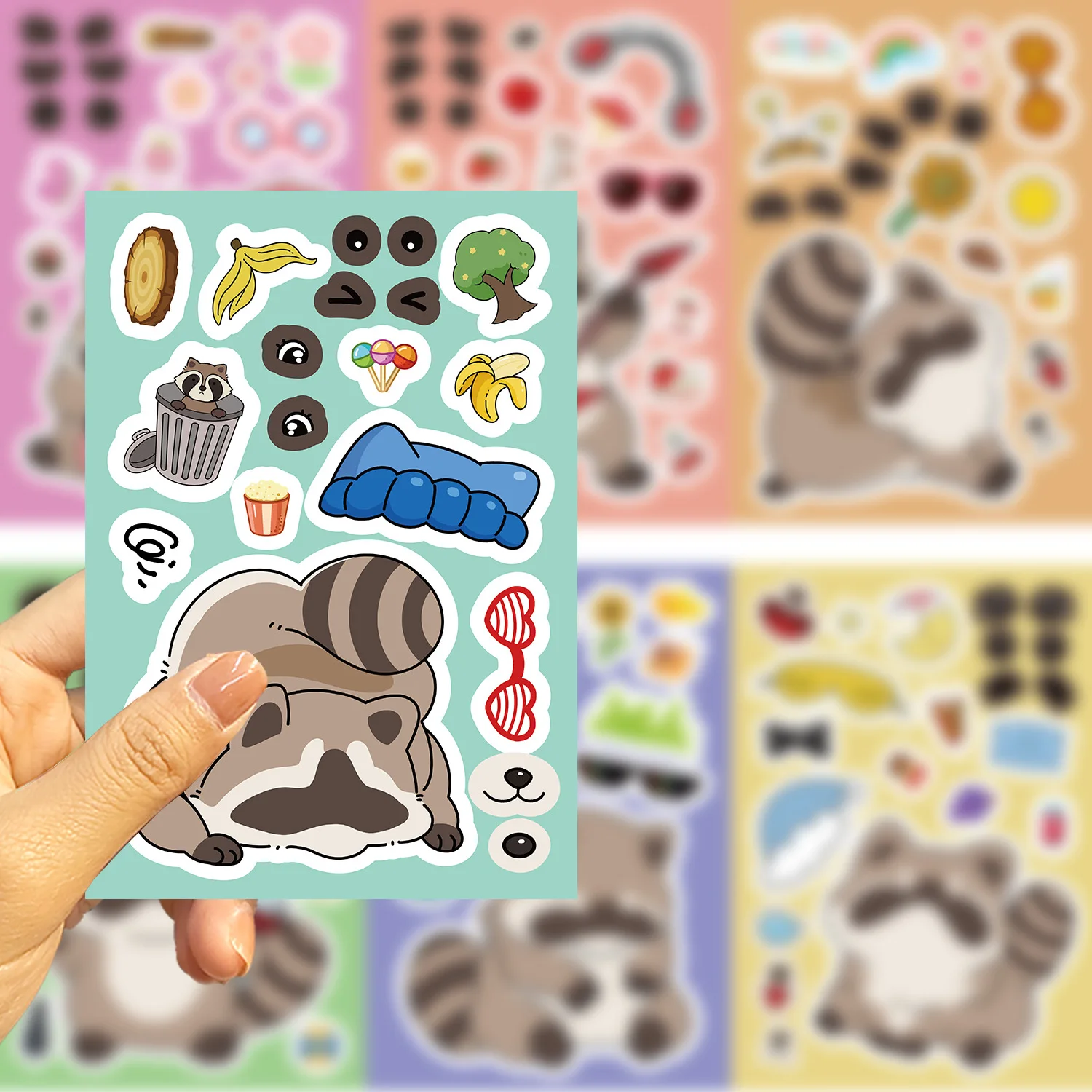 8-Pack Cartoon Raccoon Make a Face Toy Puzzle Stickers for Phone Tablet Notebook Stationery Waterproof Decor Decals