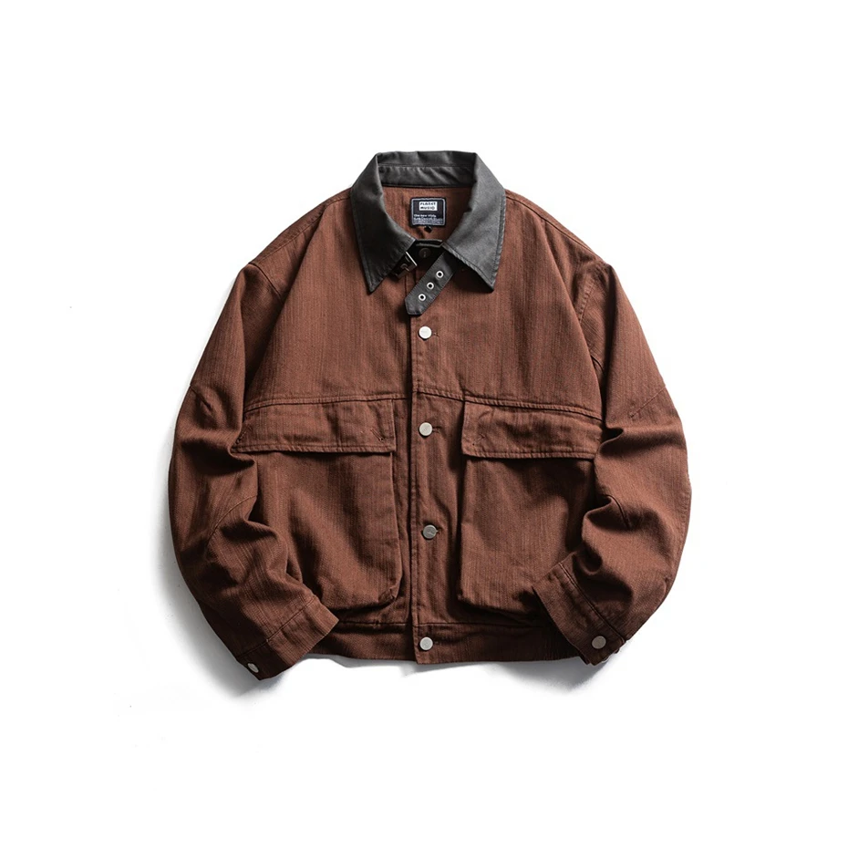 PU Leather Splicing Jackets Mens Streetwear Harajuku Cotton Casual Coats Oversized Vintage Large Pockets Cargo Jacket Male