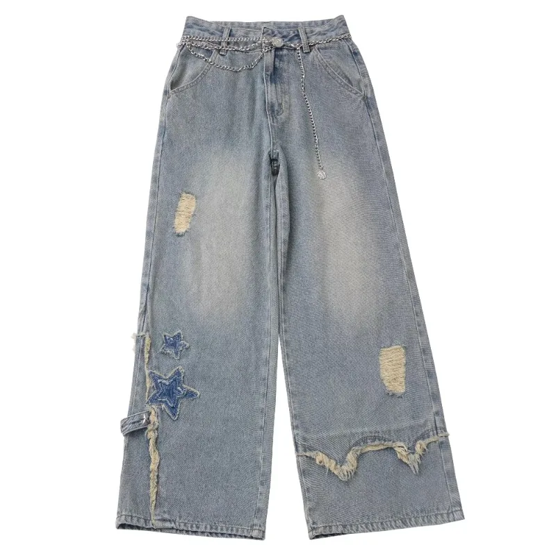 American Retro Jeans Washed Stars Thin Legs Waist Chain Original Design Trousers Women's Zipper High-waisted Denim Pants Clothes