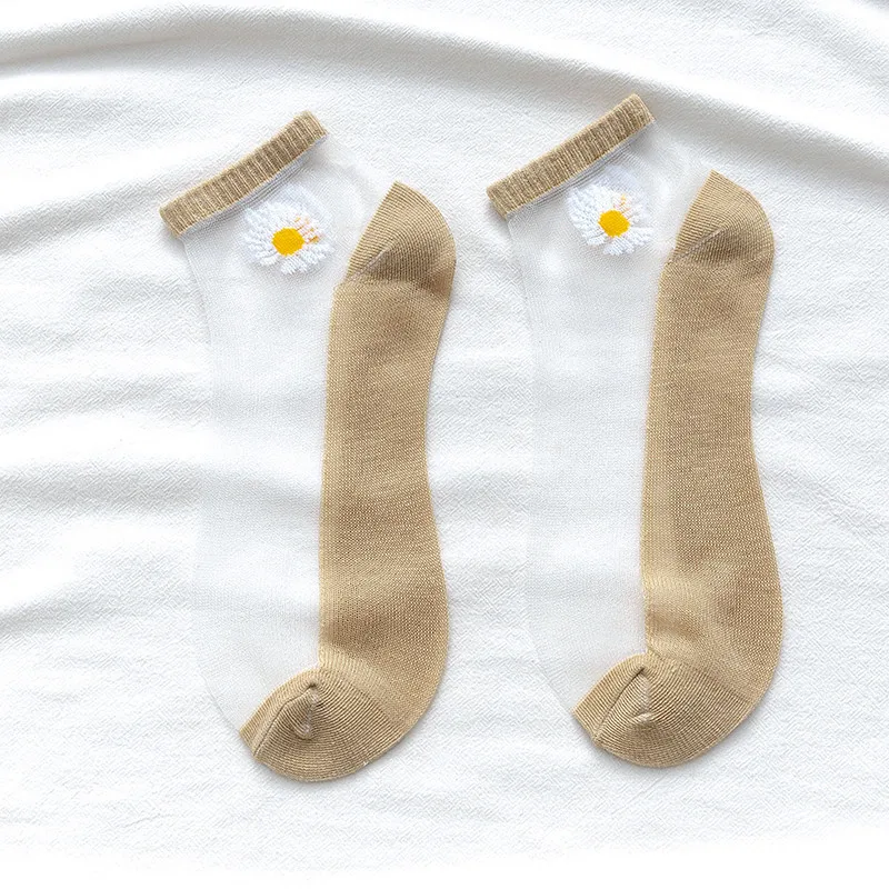 10 Paar Frauen weiße Gänseblümchen Blume kurze Socken Set Mode Sommer dünne atmungsaktive Bonbon farbe transparente Kristall Seide Söckchen – Detail 17