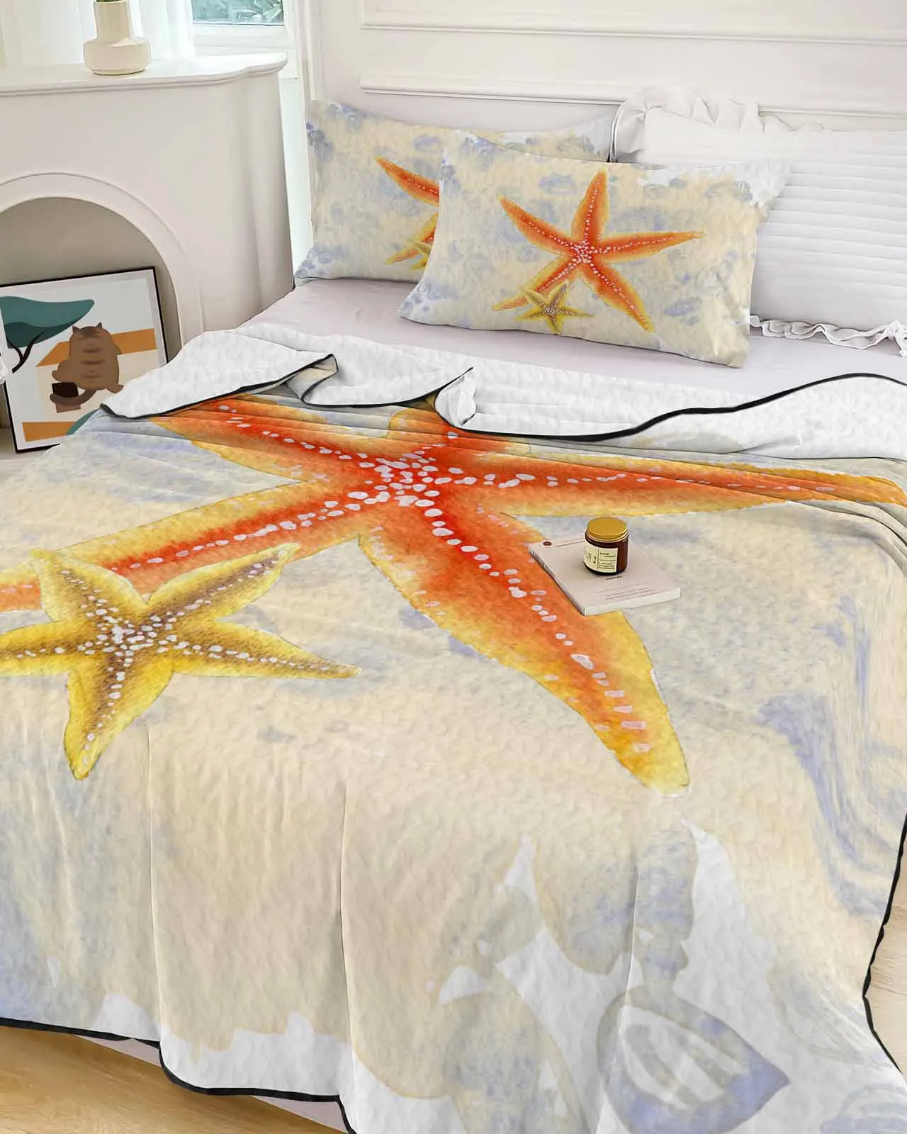 

Retro Watercolor Starfish Marine Creatures Cooling Blankets Air Condition Comforter Lightweight Summer Quilt for Bed Thin Quilt