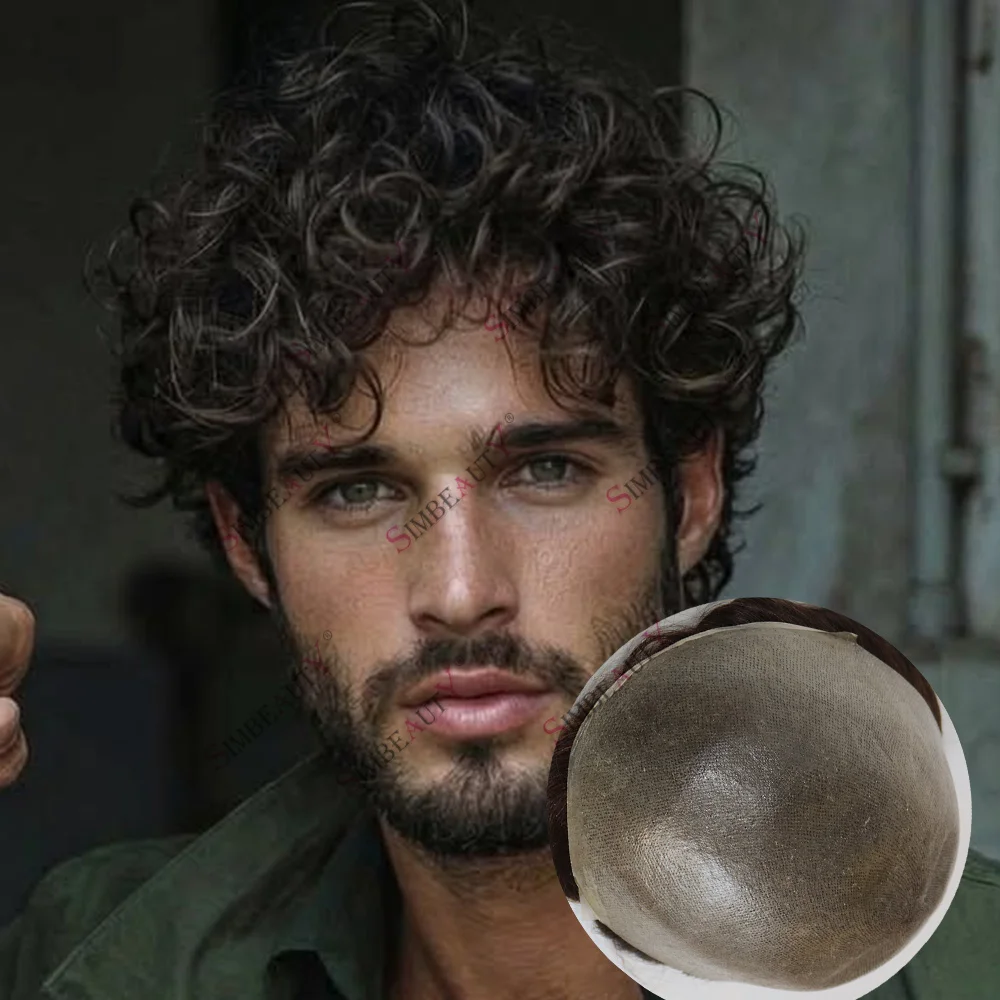 28mm Curly Wave Ultra Thin Skin Natural Hairline 0.04mm Double Knots PU Men Toupee 1B65 Black Grey Human Hair Prosthe 100Density