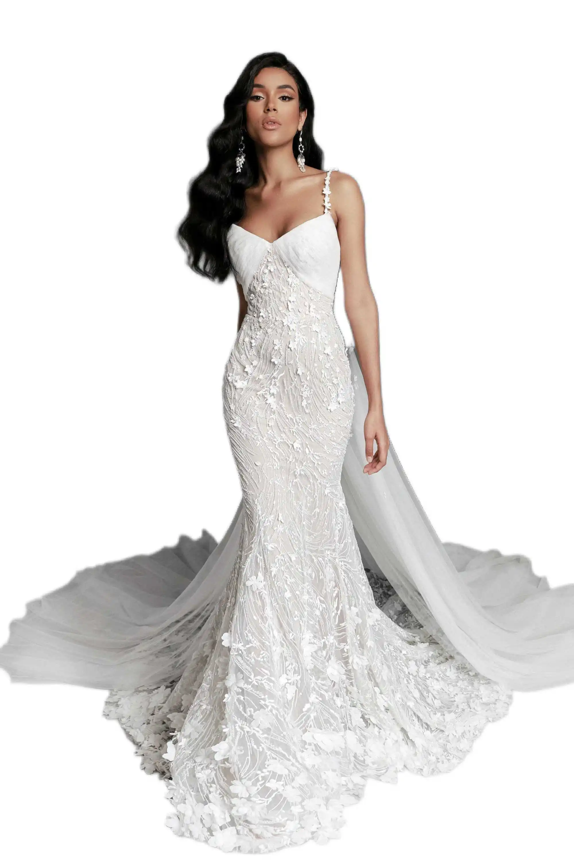 ชุดแต่งงานทรงเมอร์เมดสุดหรู ประดับดอกไม้เต็มตัว ชุดเจ้าสาวยาวกรอมพื้น  สามารถสั่งตัดได้