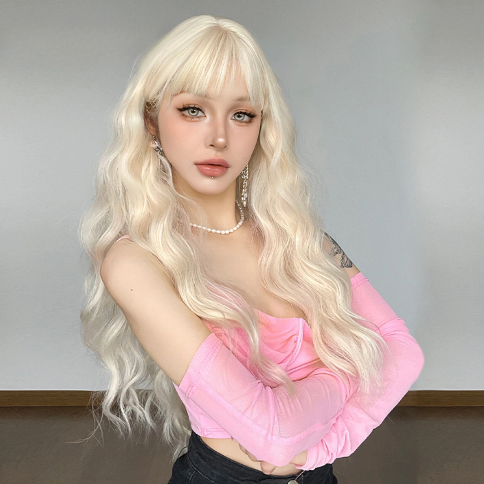 Peruca de fibra química coreana feminina cabelo longo Qi franja ouro branco fofo moda natural arnês