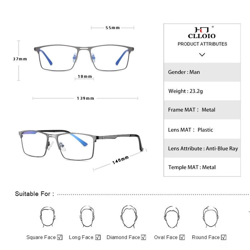 CLLOIO Classics Men Business Anti Blue Light Glasses Frame New Fashion Computer Eyeglasses Optical Prescription Eyewear Frame