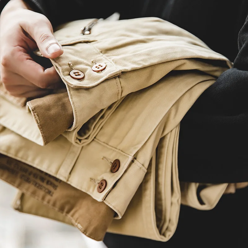 Ropa de trabajo moderna y versátil. Pantalones de hombre informales de pierna recta de tiro medio lavado de montaña cónico caqui Retro americano