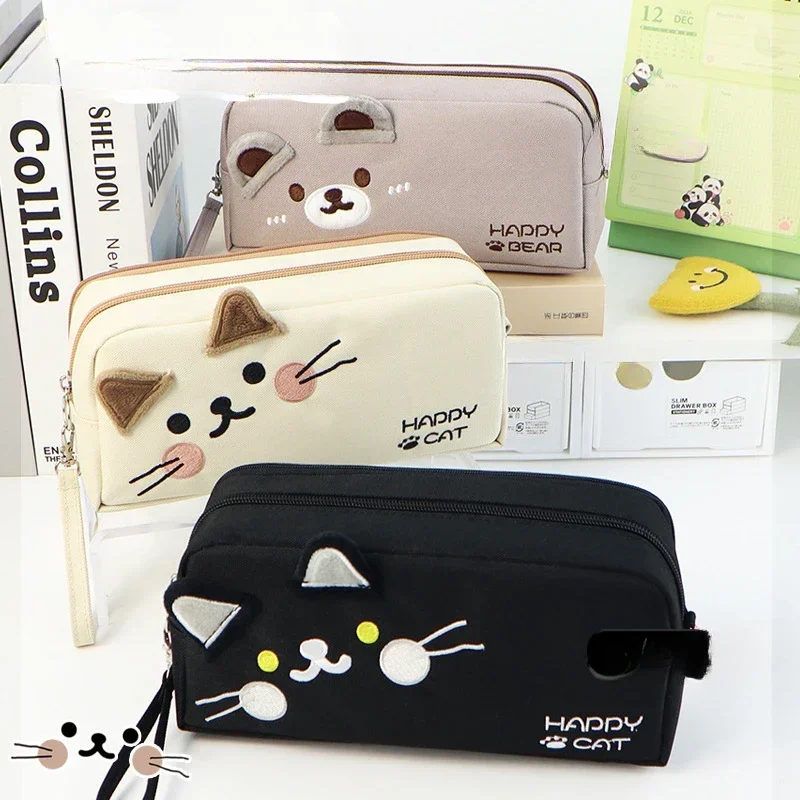 

Multilayer Large Capacity Pencil Case with Embroidered Cats Grid Compartment of Pen Slots in Black White Pen Holders Pen Pouch