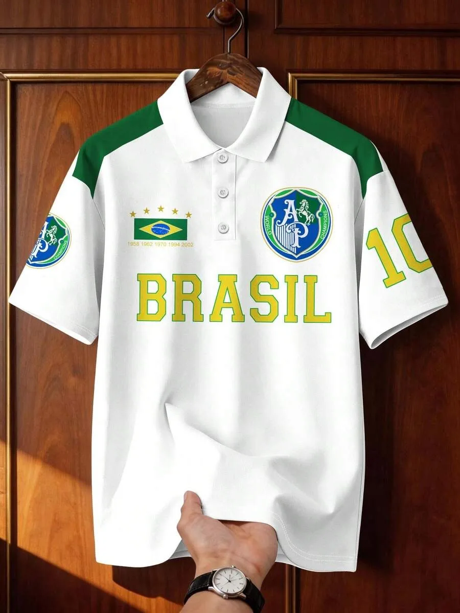Retro Brazilian Rugby Polo Shirt, Loose Fit, Color-Blocked Print T-Shirt, Fashionable Football Jersey, Cute Top, Summer Women's