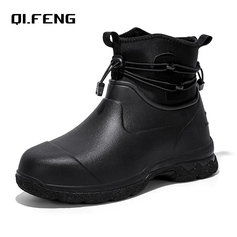 Men's Rain Shoes Leather Top Thick Sole High Top Anti Slip Water Shoes Outdoor Mountaineering Plush Warm Boots Work Safety Boots