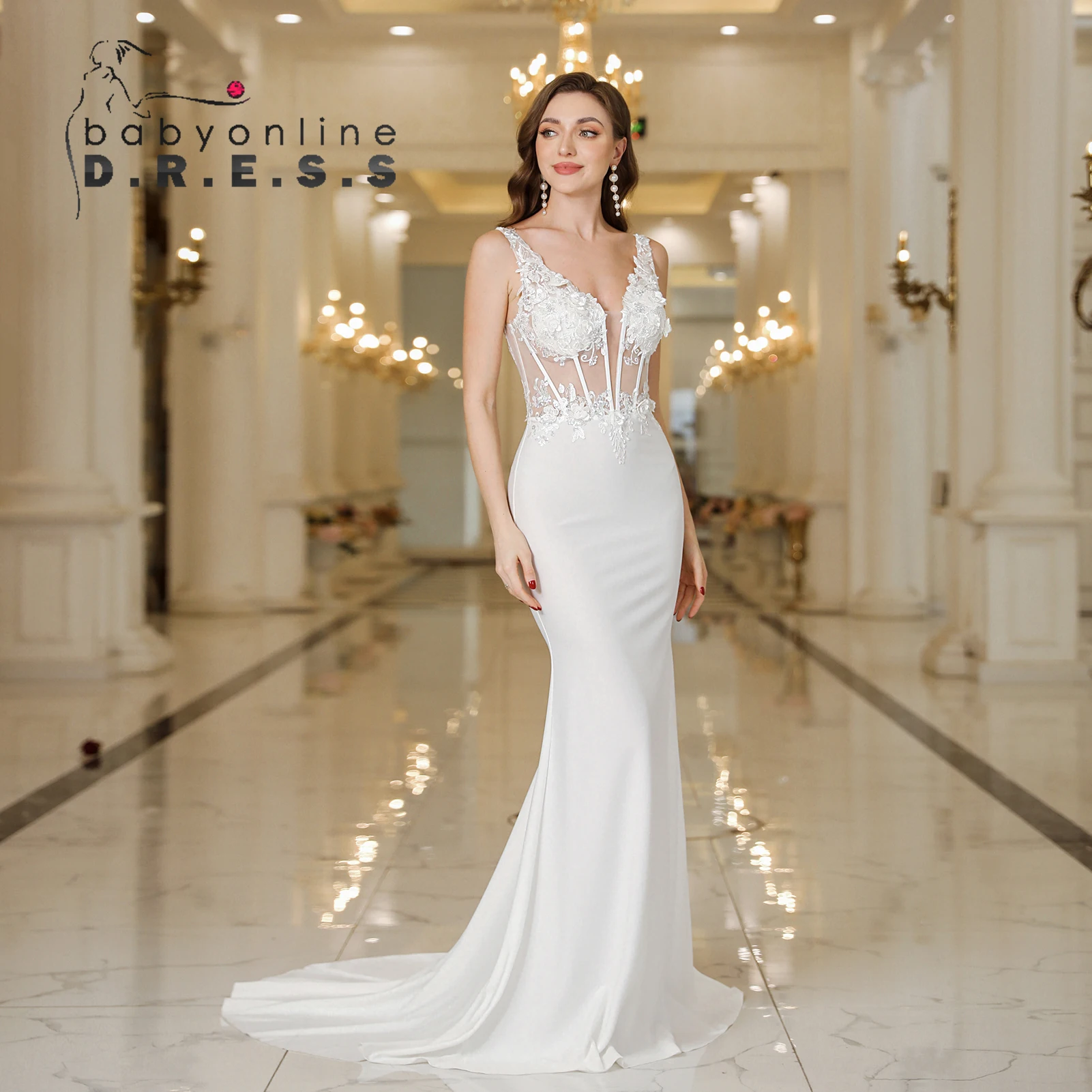 BABYONLINE abito da sposa bianco con perline completamente corpetto in pizzo con scollo a V senza maniche Appliques in pizzo abito lungo fino al pavimento sirena Sweep Train