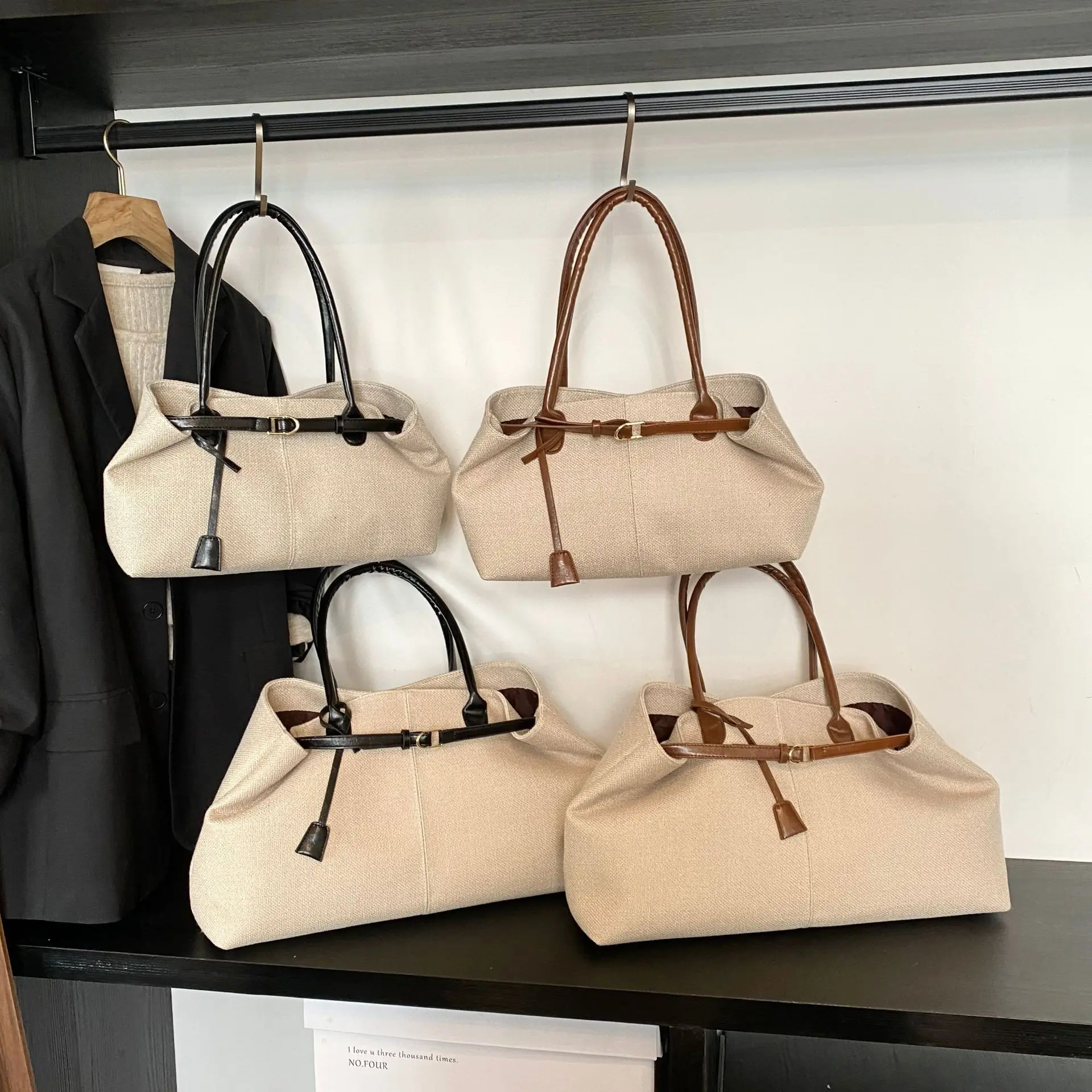 

Women's Beige Canvas Tote Bag Two Size Options Leather Trim Belted Top Handle Bag for Work and Daily Use