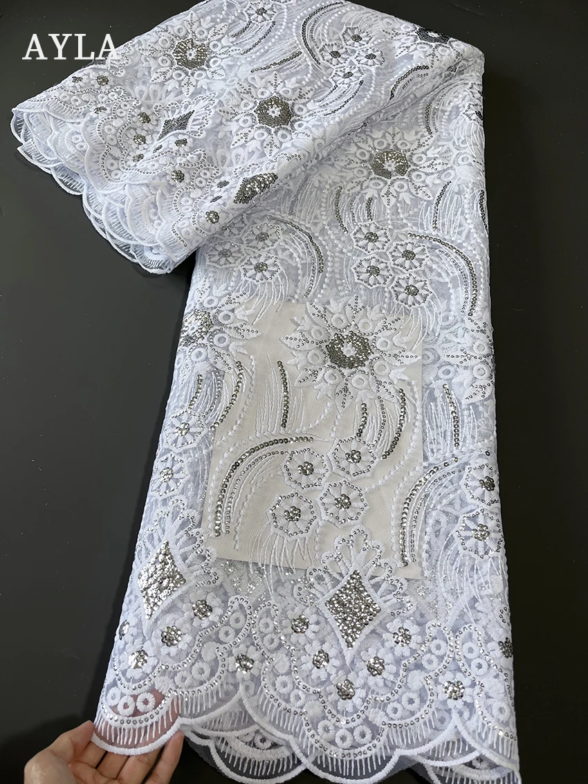 Pure White Lace African Fabric Nigerian 3D Embroidery Lace Material Bridal Fabric With Sequence 2022 High Quality Lace 5 Yards