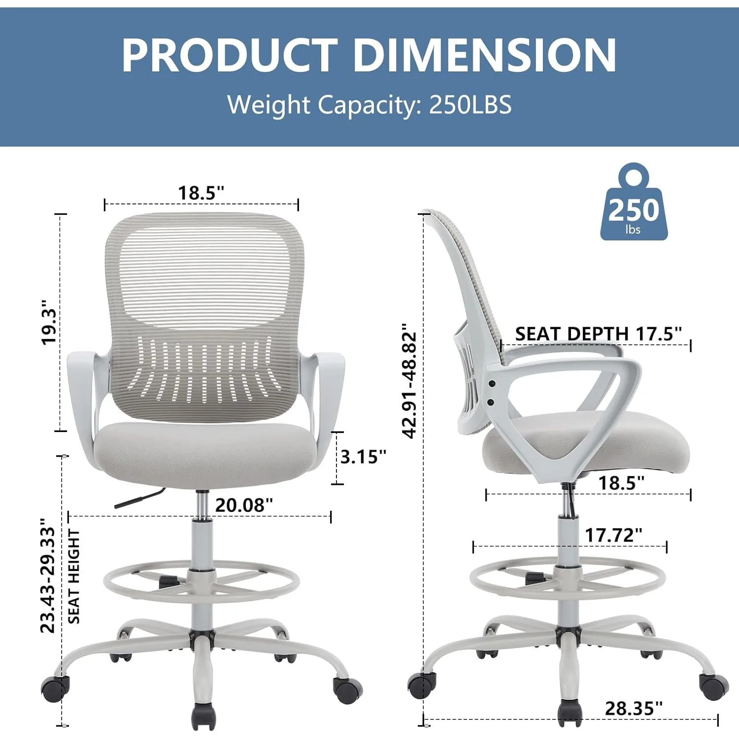 Drafting Chair - Ergonomic Tall Office for Standing Desk, Counter with Height Adjustable and Comfortable Lumbar Support