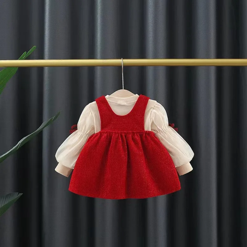 new spring autumn girl underwear clothes 2pc/set top+dress 90%cotton children baby kids students red fashion 80-110 1-4year