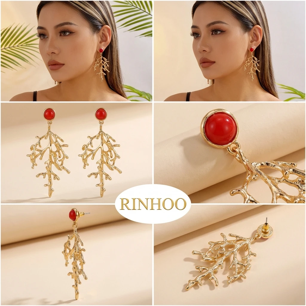 Boho Goldfarbene Korallenzweig-Ohrringe für Frauen Elegante 3D-Strukturierte Rote Akzente Hängeohrringe Sommer Künstlerischer Schmuck Geschenk – Detail 4
