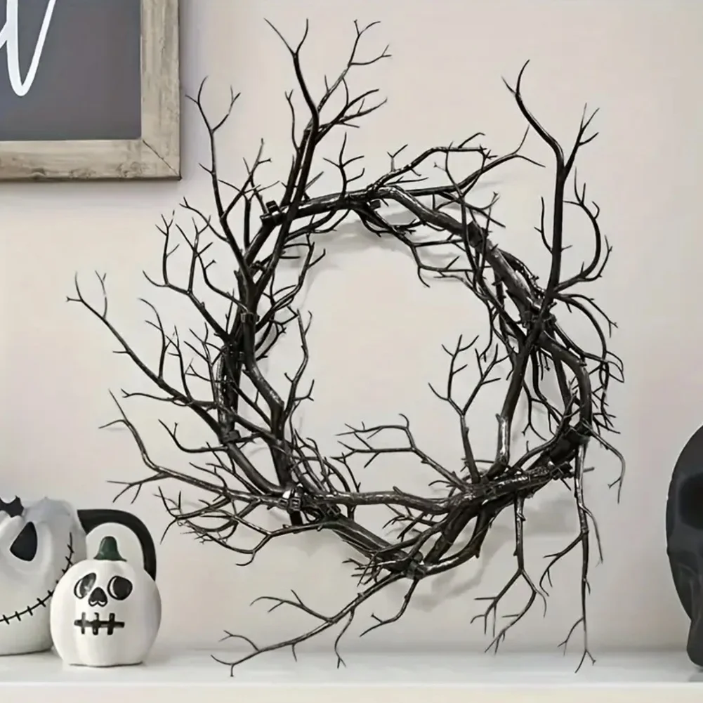 Black Plastic Halloween Wreath with Natural Looking Dried Forks for Indoor Outdoor Use Length 40cm Festive Spooky Style