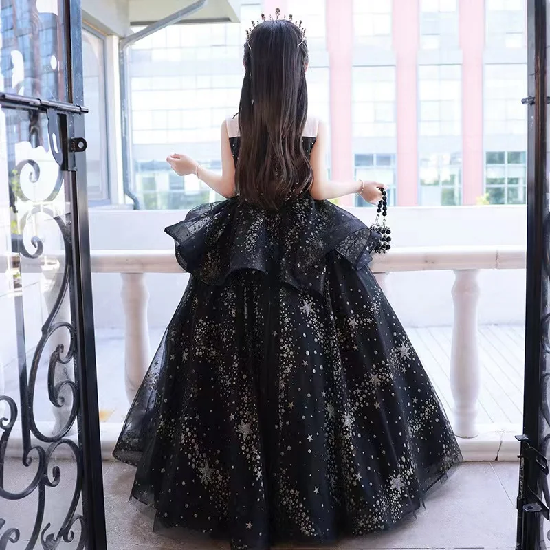 Black Lace Flower Girl Dresses Sequin Applique Children Wedding Party Long Gowns Kids Clothes Princess First Communion Vestidos